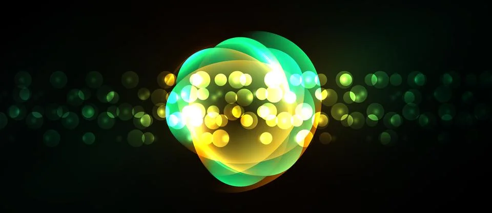 Bright glowing orb dominates dark background. Numerous small lights create .. Illustrazione stock
