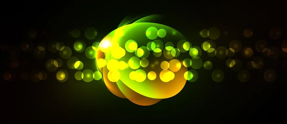 Bright glowing orb dominates dark background. Numerous small circles create Stock Illustration