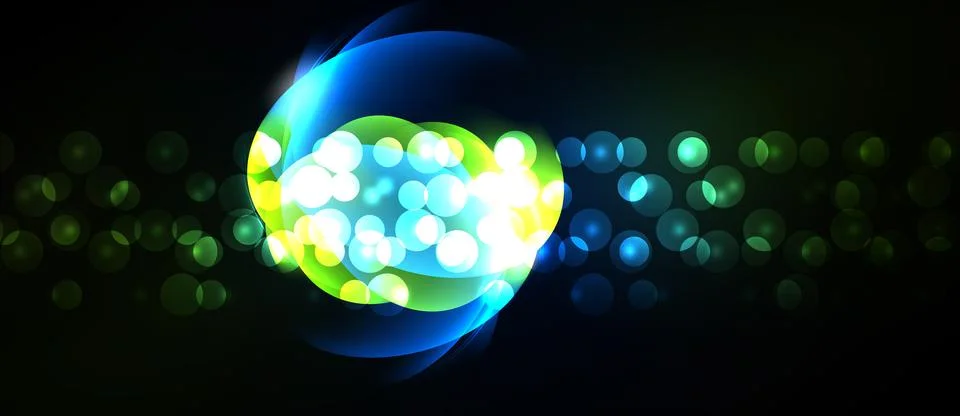 Bright glowing orb dominates dark background. Numerous small lights scatter Stock Illustration