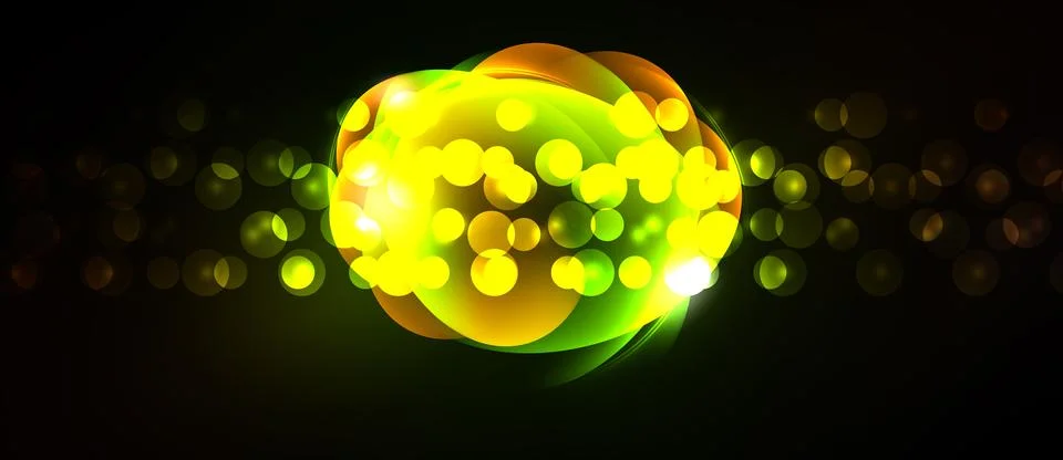 Bright glowing orb dominates dark background. Numerous small lights surround 스톡 일러스트