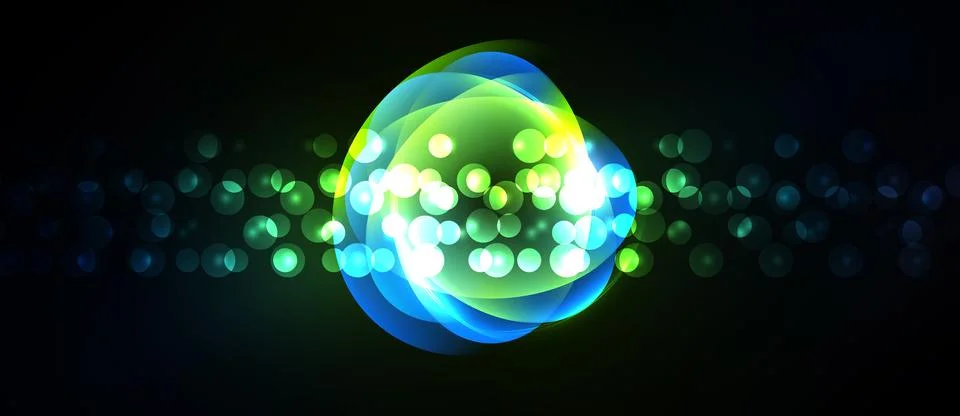 Bright glowing orb dominates dark background. Numerous small lights radiate Stock Illustration