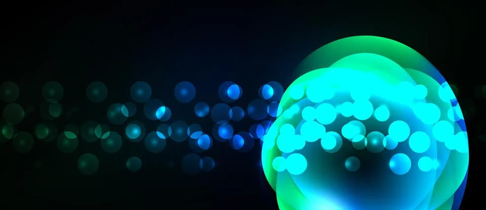 Bright glowing orb, numerous small circles drift across dark background. Vivi Stock Illustration