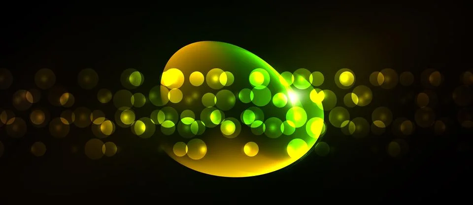Bright glowing orbs float around luminous green sphere. Dark background Stock Illustration