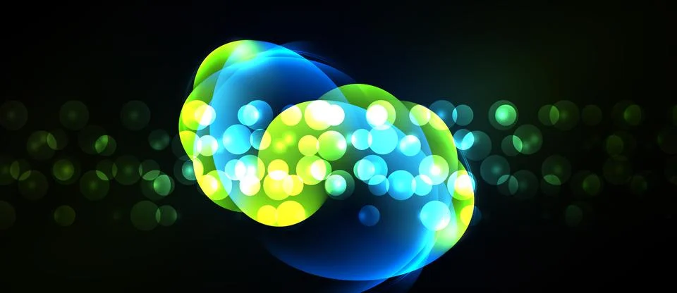 Bright glowing orbs form infinity symbol. Vivid blues, greens, yellows contra Stock Illustration