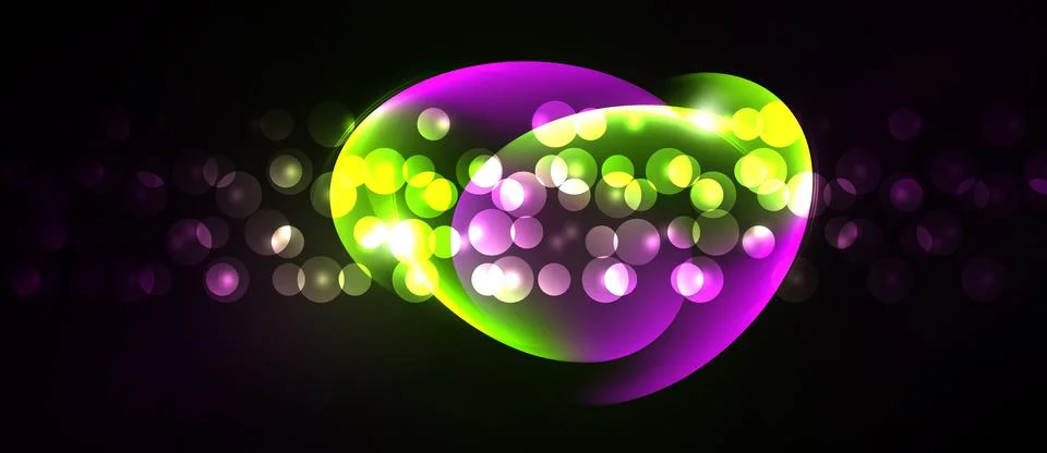 Bright glowing orbs overlap, creating vibrant purple, green light against dar Stock Illustration