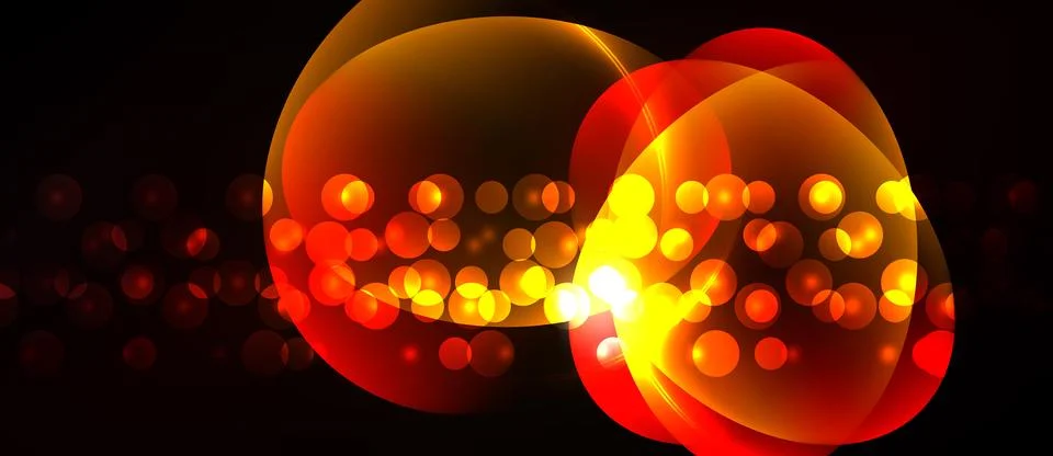 Bright glowing orbs overlap, creating warm light effect. Bokeh dots enhance Stock Illustration