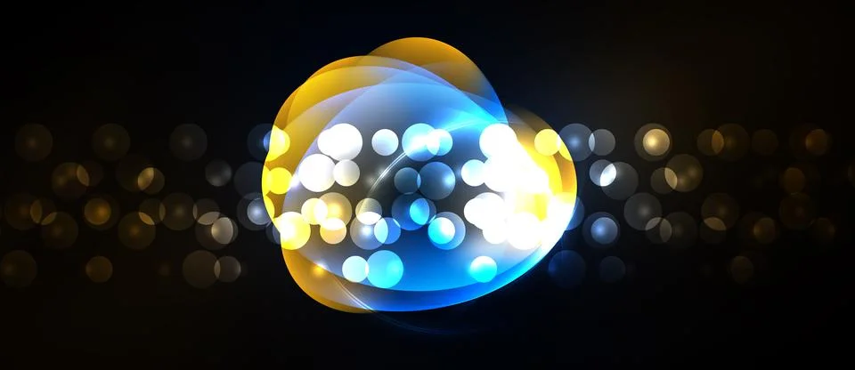 Bright glowing orbs overlap, creating vibrant light effects. Bokeh surrounds Stock Illustration