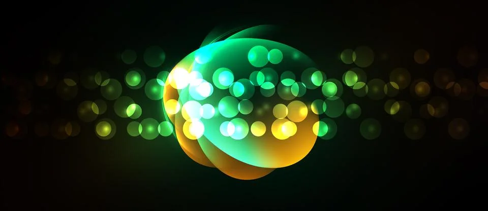 Bright glowing orbs overlap, creating vibrant light effects against dark Stock Illustration