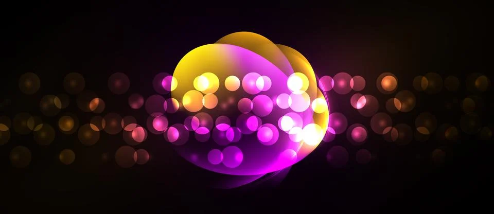 Bright glowing orbs overlap, creating vibrant light effects against dark Stock Illustration