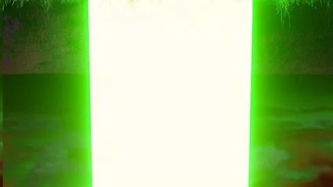 Bright glowing rectangle opening into white void in green clouds Ilustración de archivo