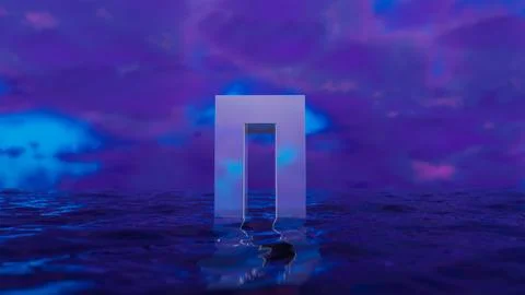 Bright glowing rectangular door emerging from dark wavy ocean under cloudy sk Illustrazione stock