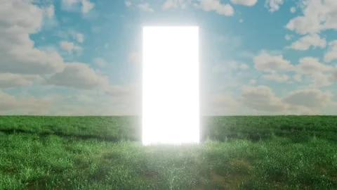 Bright glowing rectangular door opening in a green field 库存影片 310793252