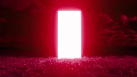 Bright glowing rectangular door opening in red field at night 库存影片 310793291