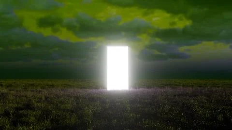 Bright glowing rectangular doorway appearing in field at dusk Stock Illustration
