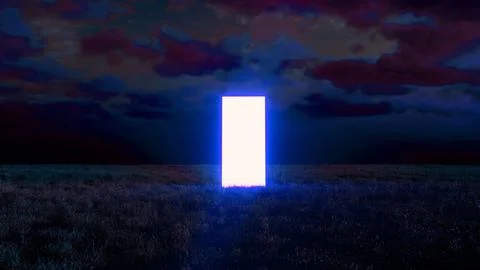 Bright glowing rectangular doorway appearing in field at night Stock Illustration