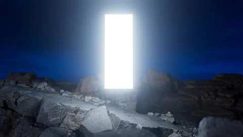Bright glowing rectangular doorway floating above rocky landscape Ilustração Stock