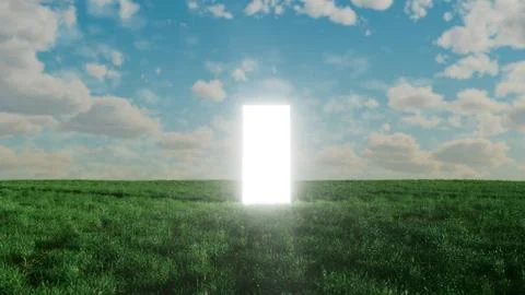Bright glowing rectangular doorway floating on green grass field under cloudy Illustration
