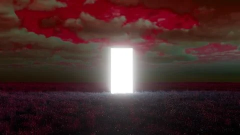 Bright glowing rectangular doorway floating on a field under a red sky 스톡 일러스트