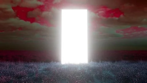 Bright glowing rectangular doorway floating on grass field under cloudy sky Stock Illustration