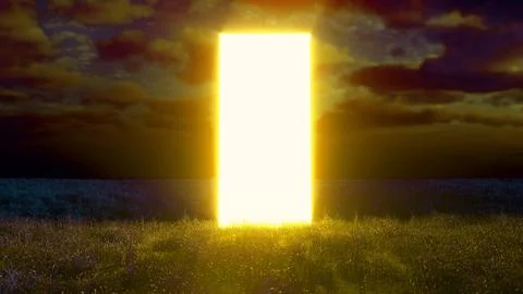 Bright glowing rectangular doorway floating above grass field at sunset Ilustração Stock