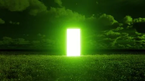 Bright glowing rectangular doorway floating above grass field at night Ilustração Stock