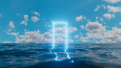 Bright glowing rectangular portal emerging from the ocean under cloudy sky Stock Illustration