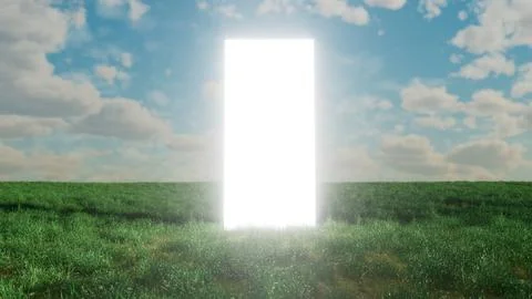 Bright glowing rectangular portal emerging in green meadow under cloudy sky イラスト素材