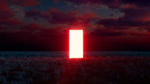 Bright glowing rectangular portal emerging in field at night with dramatic sk Illustrazione stock