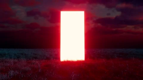 Bright glowing rectangular portal opening in a field at night 스톡 동영상 310793257