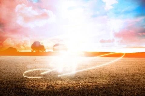 Bright glowing spiral is hovering over stubble field near tree cluster flat Stock Illustration