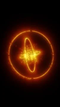 Bright golden energy ring with orbiting plasma lines and particles, symboli.. Stock Illustration