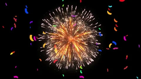Bright golden firework explosion with colorful falling confetti on black Stock Footage 345017052