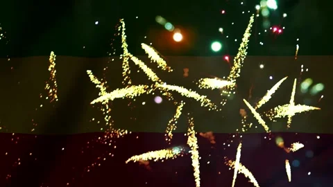 Bright golden fireworks display exploding against a dark abstract textured .. Video stock 343690696