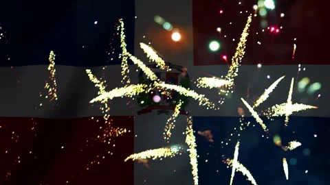 Bright golden fireworks exploding in front of the Dominican Republic nation.. Stock Footage 343690731