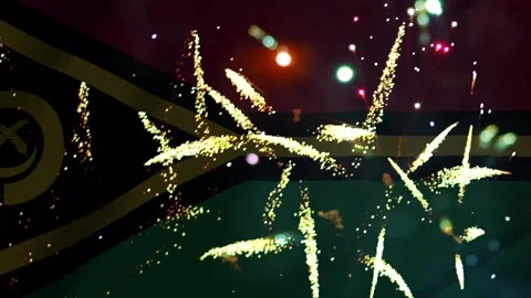 Bright golden fireworks exploding in front of the national flag of Vanuatu Video stock 343690749