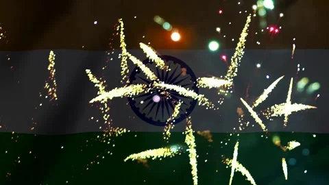 Bright golden fireworks exploding in front of the waving flag of India duri.. Stock Footage 343690755