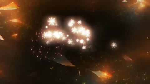 Bright golden fireworks exploding in night sky. Festive pyrotechnic display for Stock Footage 339395891