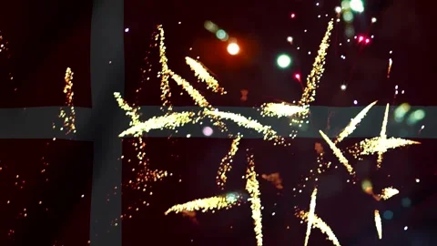 Bright golden fireworks exploding in the night sky over the Danish national.. Video stock 343690783