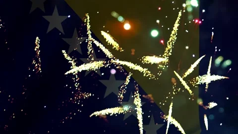 Bright golden fireworks exploding in the night sky over the flag of Bosnia .. Vídeo Stock 343690784
