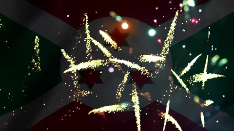 Bright golden fireworks exploding in the night sky over the flag of Burundi Video stock 343690785
