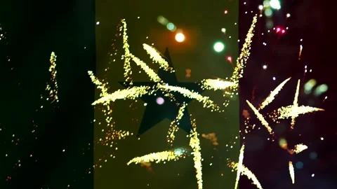 Bright golden fireworks exploding in the night sky over the flag of Ghana Stock-Footage 343690790