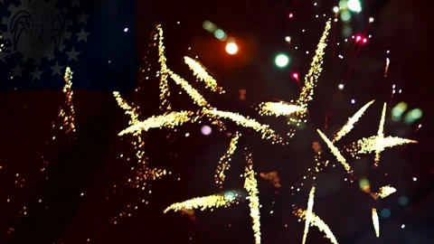 Bright golden fireworks exploding in the night sky over the flag of Myanmar Video stock 343690798