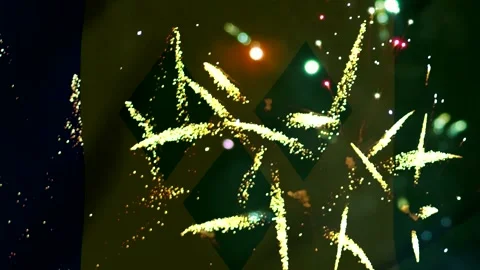Bright golden fireworks exploding in the night sky over the flag of Saint V.. Video stock 343690801