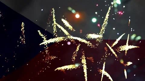 Bright golden fireworks exploding in the night sky over the flag of the Cze.. Video stock 343690802