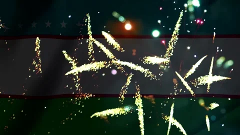 Bright golden fireworks exploding in the night sky over the flag of Uzbekis.. 库存影片 343690807