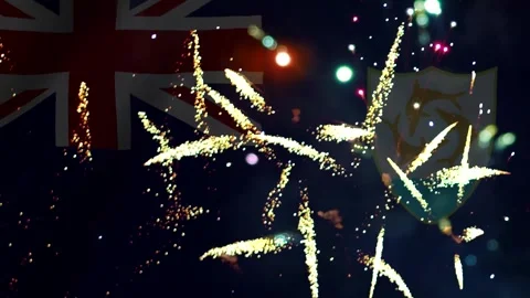 Bright golden fireworks exploding in the night sky over the national flag o.. Stock Footage 343690810