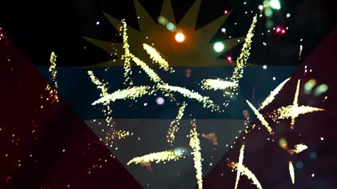 Bright golden fireworks exploding in the night sky over the national flag o.. Video stock 343690813
