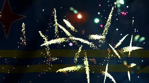 Bright golden fireworks exploding in the night sky over the national flag o.. Stock-Footage 343690821
