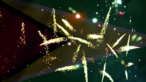 Bright golden fireworks exploding in the night sky over the national flag o.. Stock Footage 343690824