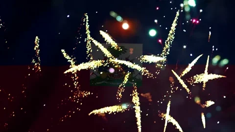 Bright golden fireworks exploding in the night sky over the national flag o.. Video stock 343690832